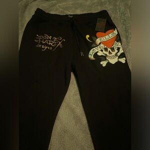 Ed Hardy Black Sweatpants with Skull and Heart Design